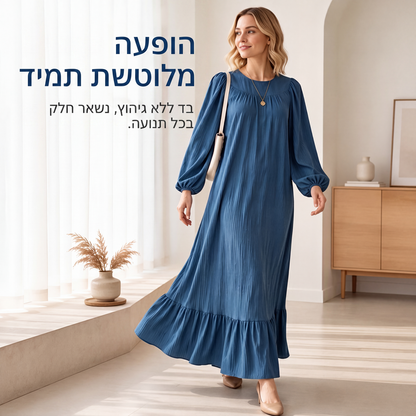 שמלת מקסי לנשים עם שולי קפלים וארוכות שרוולים