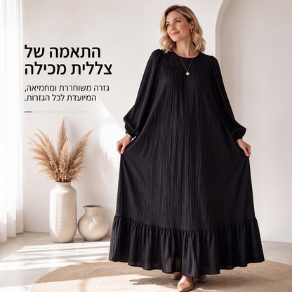 שמלת מקסי לנשים עם שולי קפלים וארוכות שרוולים
