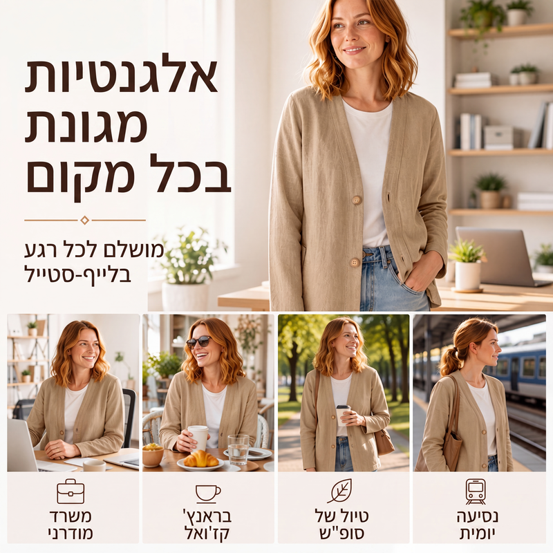 קרדיגן קז'ואלי נושם עם צווארון V לנשים
