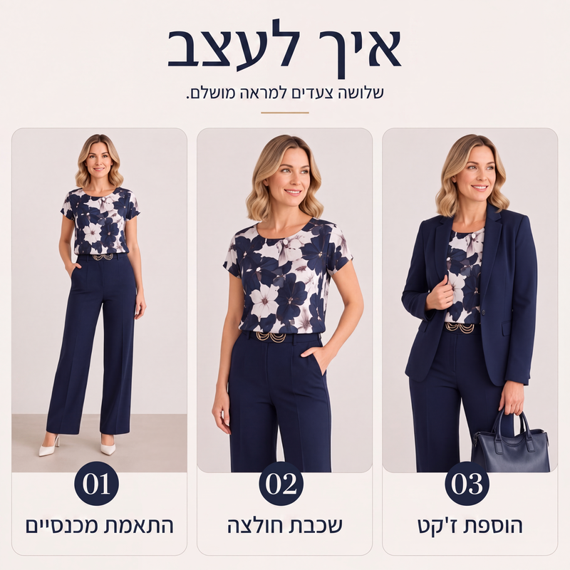 סט חליפה לנשים - 3 חלקים: בלייזר, חולצה עליונה ומכנסיים