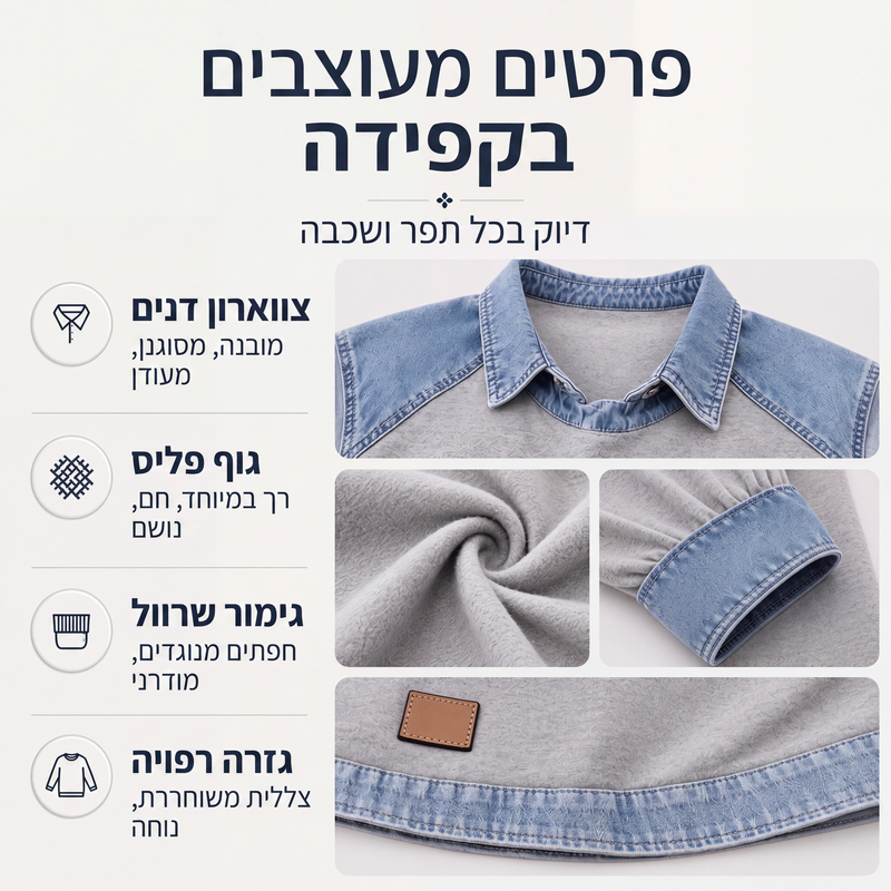 סווטשירט נשים עם שרוולים ארוכים ובטלאי ג'ינס
