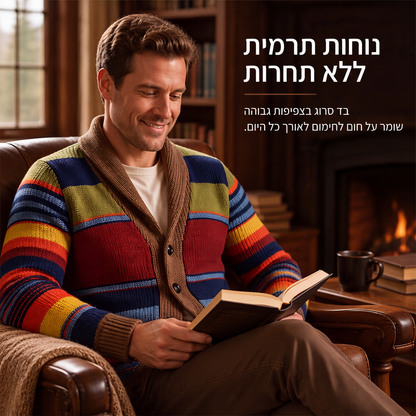 סוודר קרדיגן סרוג מפוספס עם צווארון צעיף לגברים