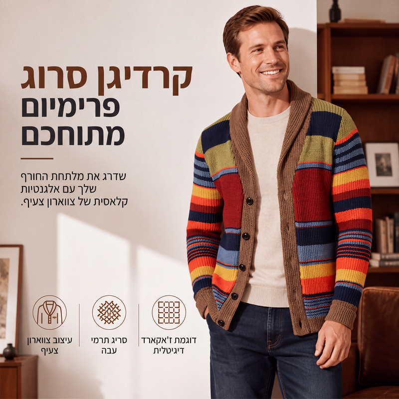 סוודר קרדיגן סרוג מפוספס עם צווארון צעיף לגברים