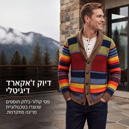 סוודר קרדיגן סרוג מפוספס עם צווארון צעיף לגברים