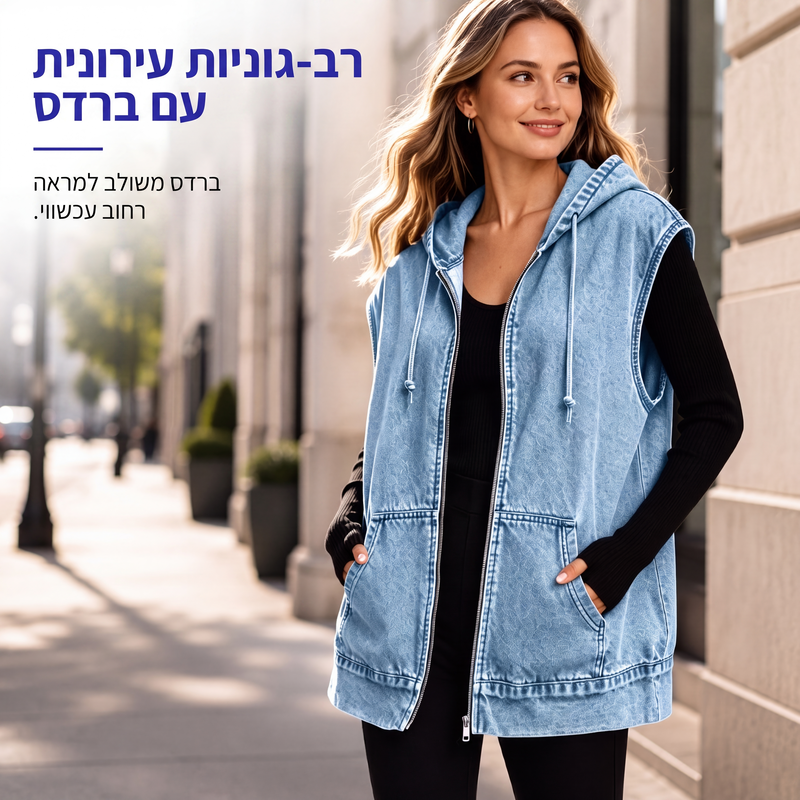ז'קט ווסט ג'ינס קז'ואל לנשים עם כובע