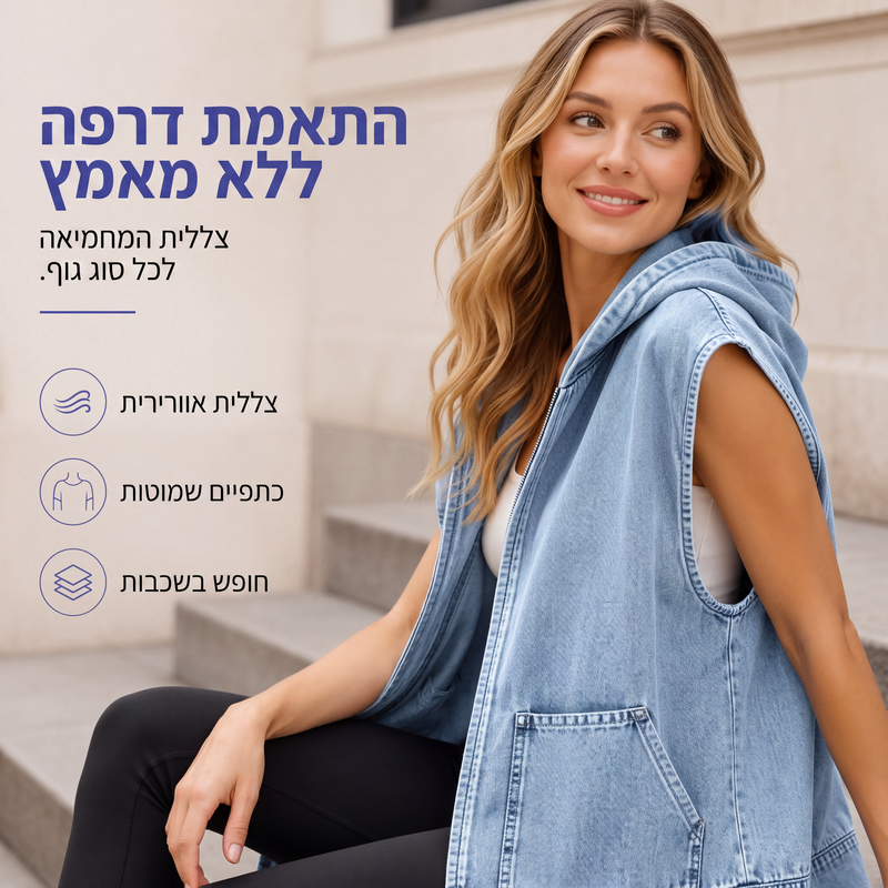 ז'קט ווסט ג'ינס קז'ואל לנשים עם כובע