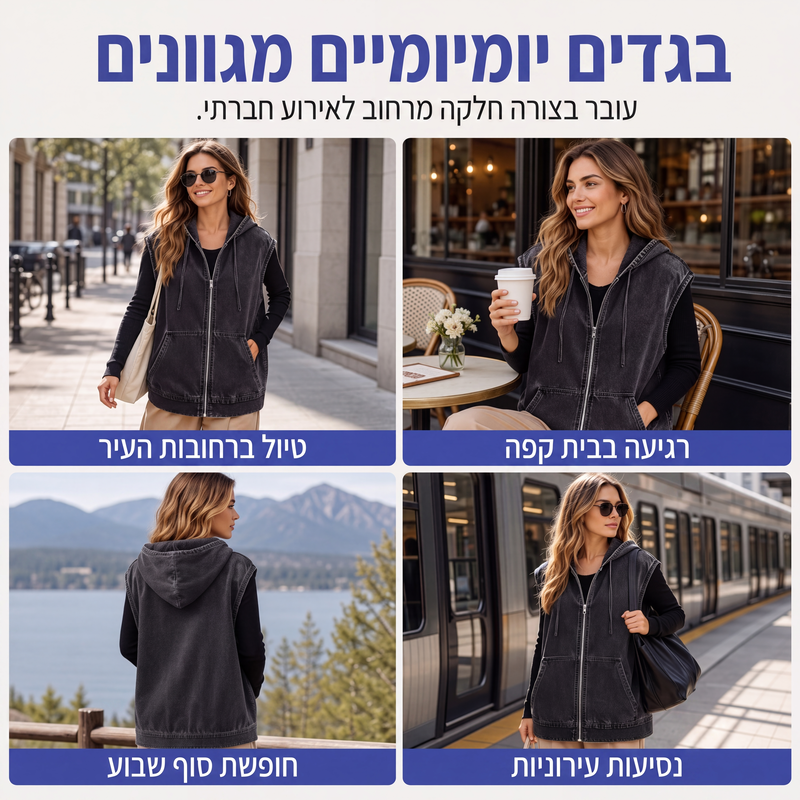 ז'קט ווסט ג'ינס קז'ואל לנשים עם כובע