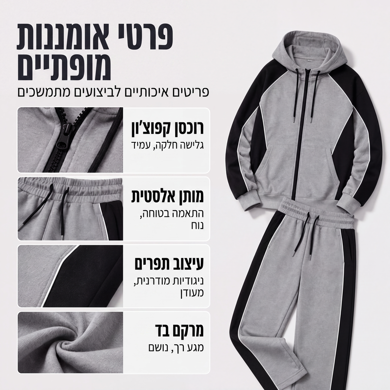 סט הודי עם רוכסן וחולצות טרנינג עם חלוקת צבעים לגברים