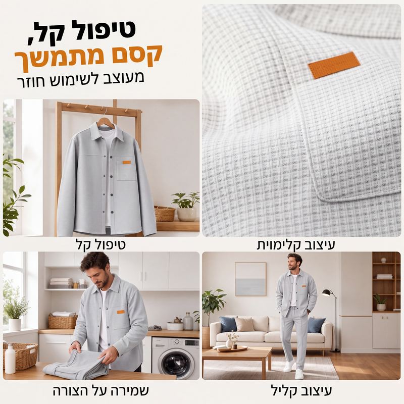 סט קז'ואל דו-חלקי לגברים: ז'קט ומכנסיים בסריגת וופל