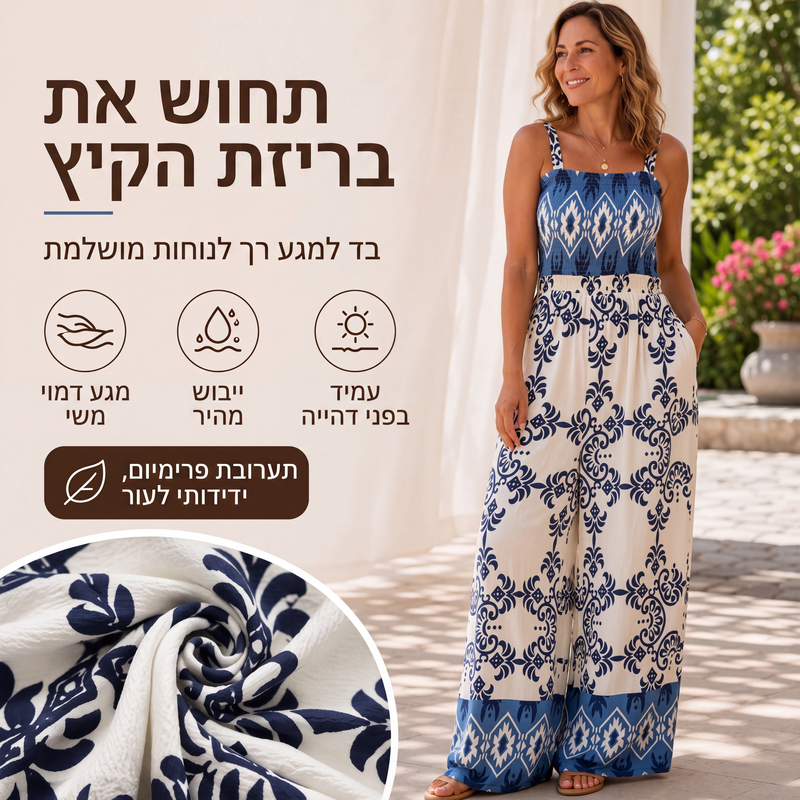 סרבל נשים מעוצב בהדפס בוהמי עם קפלים