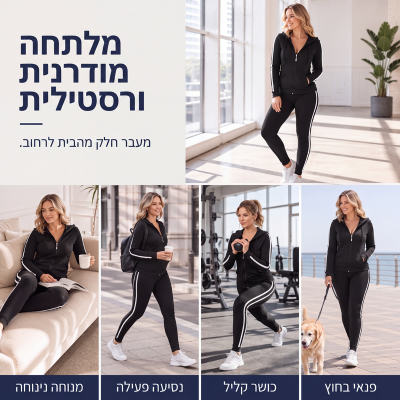 סט קפוצ'ון עם רוכסן מפוספס ומכנסיים לנשים