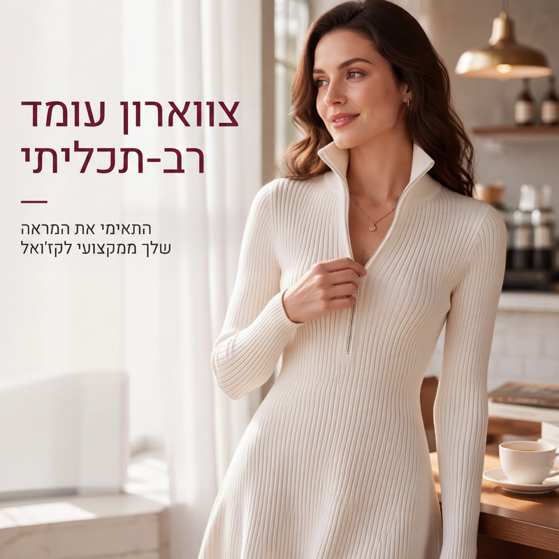שמלת נשים בעיצוב מחובר סריג עם רוכסן חצי וחיתוך צמוד