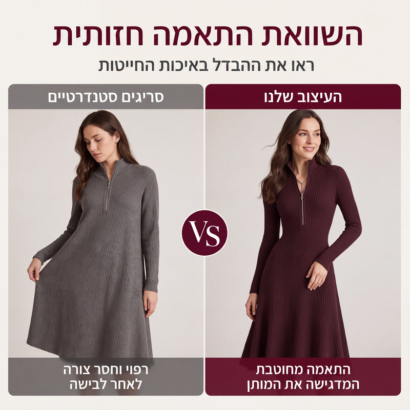 שמלת נשים בעיצוב מחובר סריג עם רוכסן חצי וחיתוך צמוד