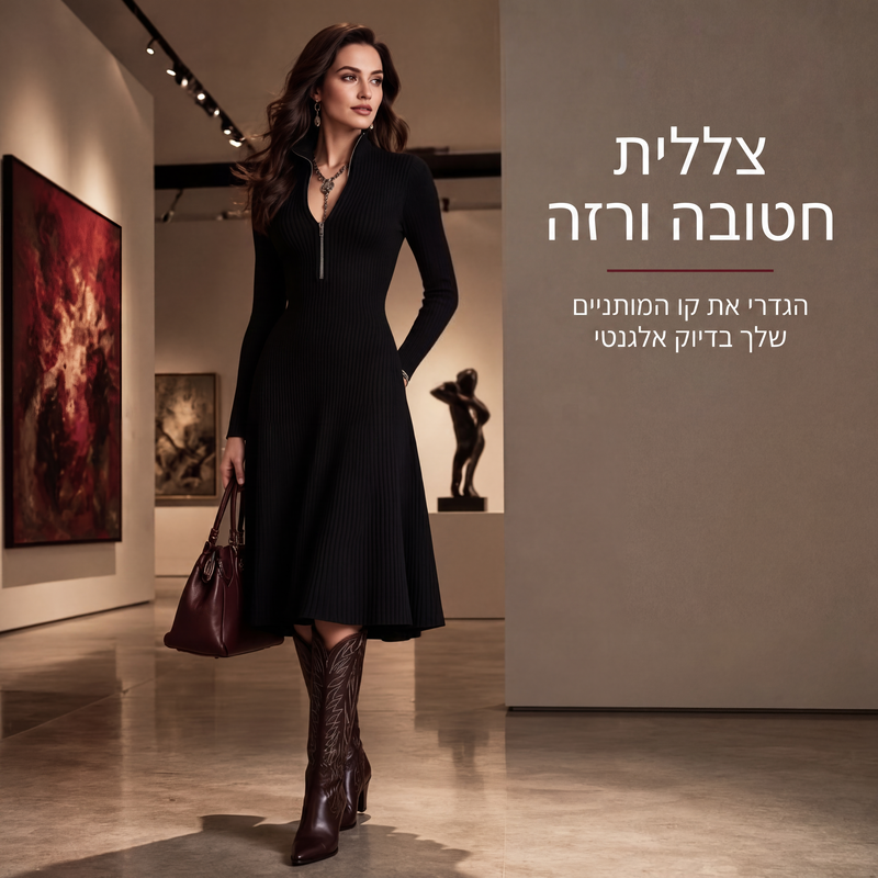 שמלת נשים בעיצוב מחובר סריג עם רוכסן חצי וחיתוך צמוד
