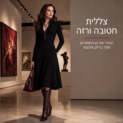 שמלת נשים בעיצוב מחובר סריג עם רוכסן חצי וחיתוך צמוד