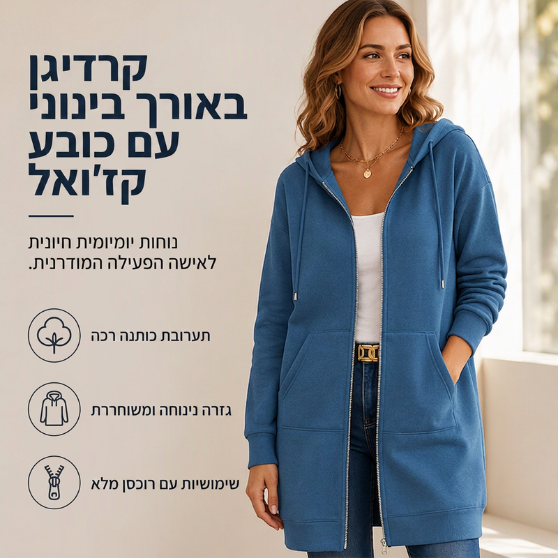 ז'קט סווטשירט מכוסה עם כובע לנשים באורך בינוני, קרדיגן מזדמן עם רוכסן וכיסים