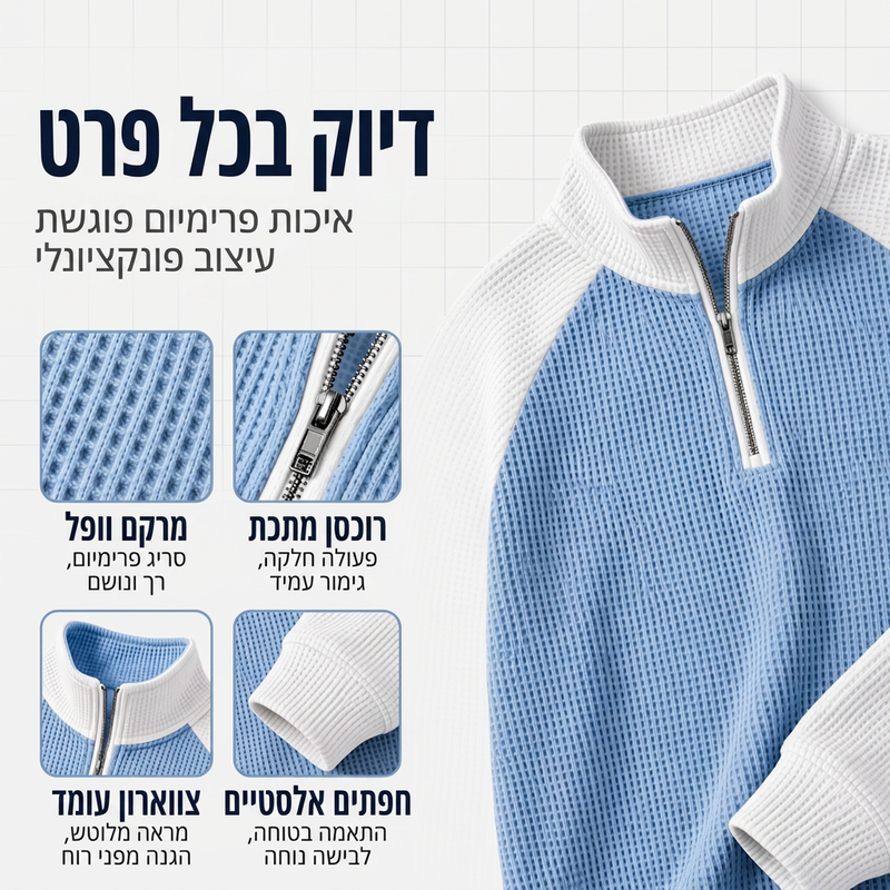 חולצת טי ריבועית עם זיפ רבעי לארוג וופל לגברים
