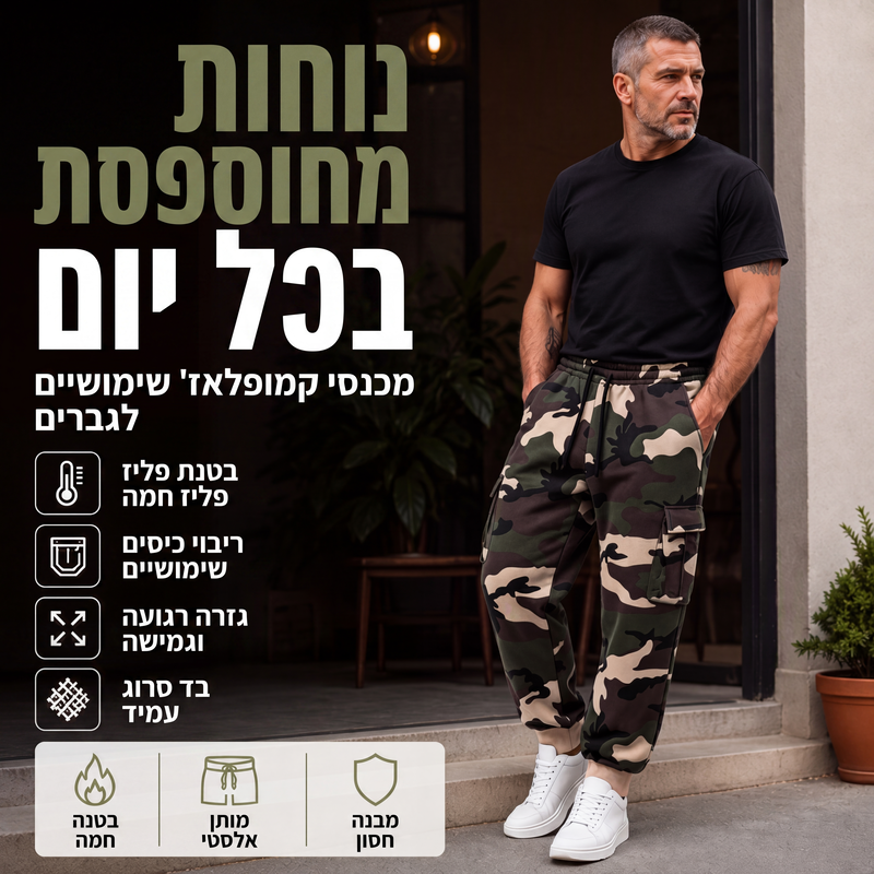 מכנסי קרגו אתלטיים לגברים עם חוט משיכה בהדפסת הסוואה