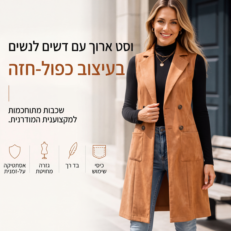 וסט ארוך לנשים עם כפתורים וכיסים