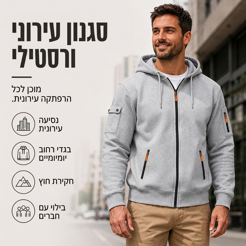 מעיל קארגו לגברים עם קפוצ'ון ו�רוכסן מלא