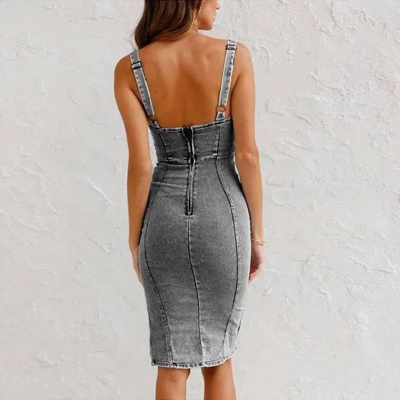 רצועה מתכווננת בצוואר U מפוצל ג'ינס Bodycon שמלת קאמי