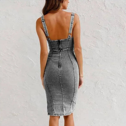 רצועה מתכווננת בצוואר U מפוצל ג'ינס Bodycon שמלת קאמי