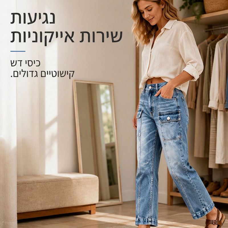 ג'ינסים לנשים במותניים גבוהות, גזרה ישרה ועם מתיחה