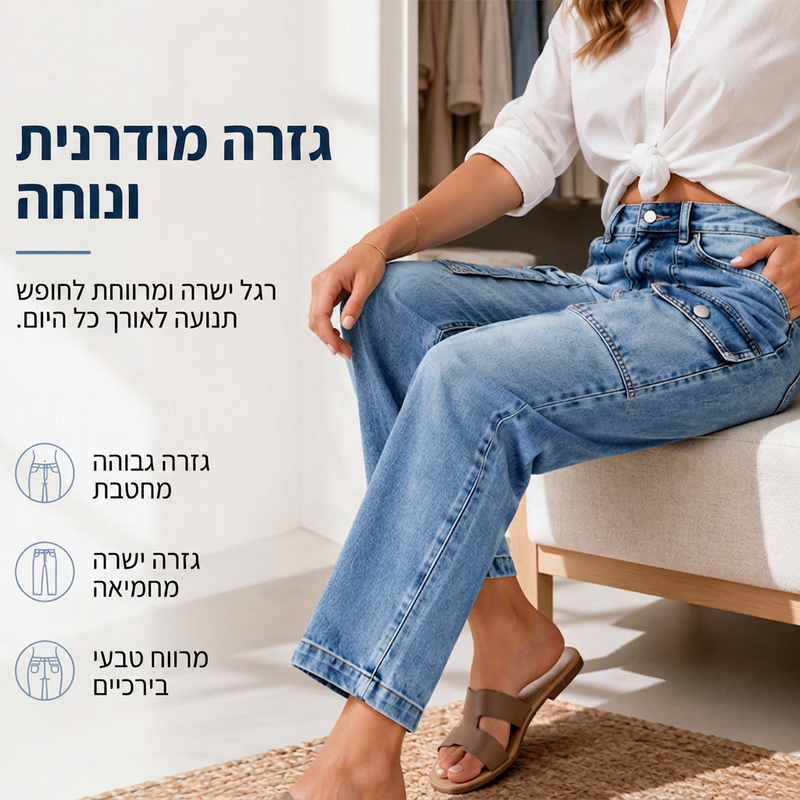 ג'ינסים לנשים במותניים גבוהות, גזרה ישרה ועם מתיחה