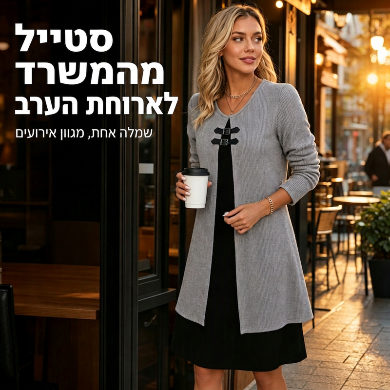 שמלת נשים קז'ואלית סרוגה מצולעת עם שרוולים ארוכים