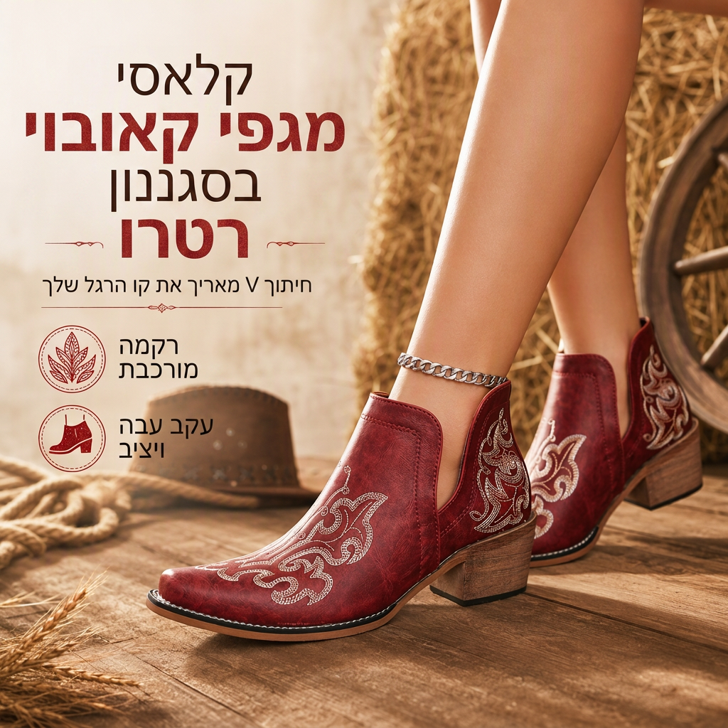 🤠 קסם מערבי | מגפיים לנשים בחיתוך V עם רקמה ועקב בלוק ⚡ משלוח חינם