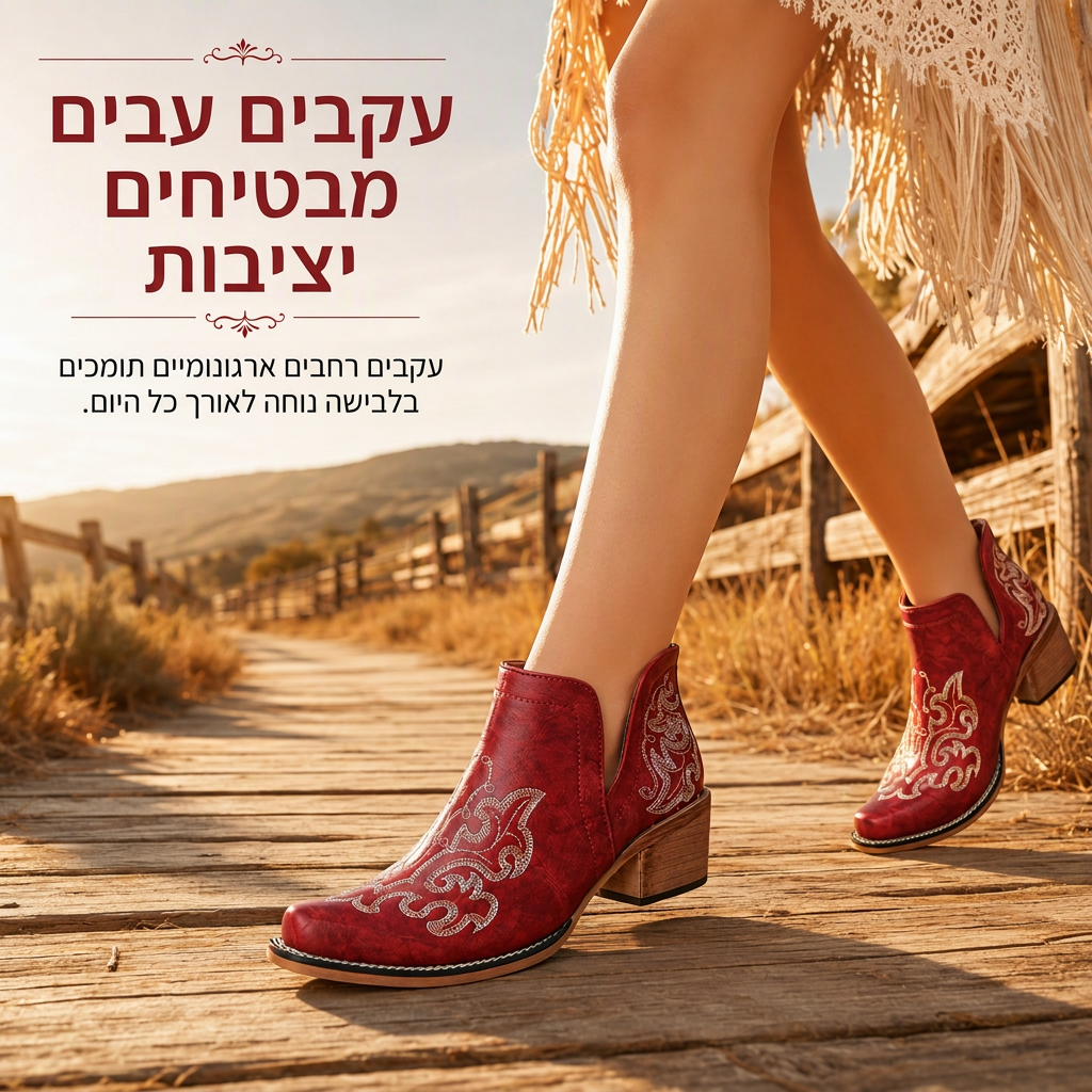 🤠 קסם מערבי | מגפיים לנשים בחיתוך V עם רקמה ועקב בלוק ⚡ משלוח חינם