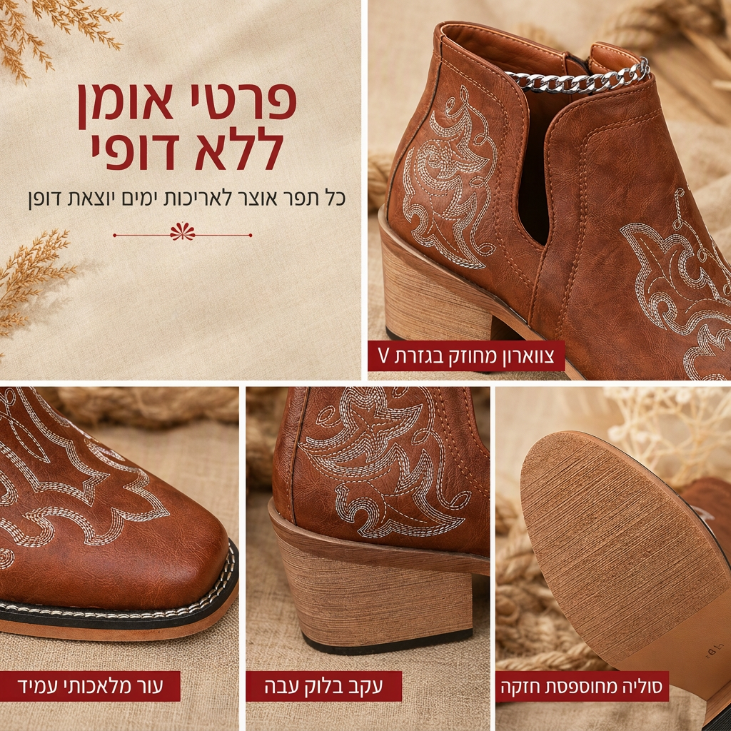 🤠 קסם מערבי | מגפיים לנשים בחיתוך V עם רקמה ועקב בלוק ⚡ משלוח חינם