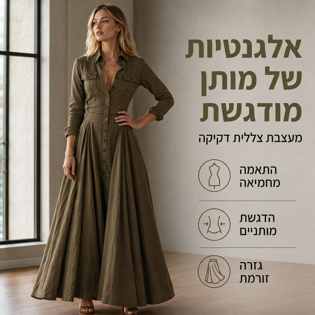 שמלת מקסי לנשים עם דשי צוואר וסגירת כפתורים