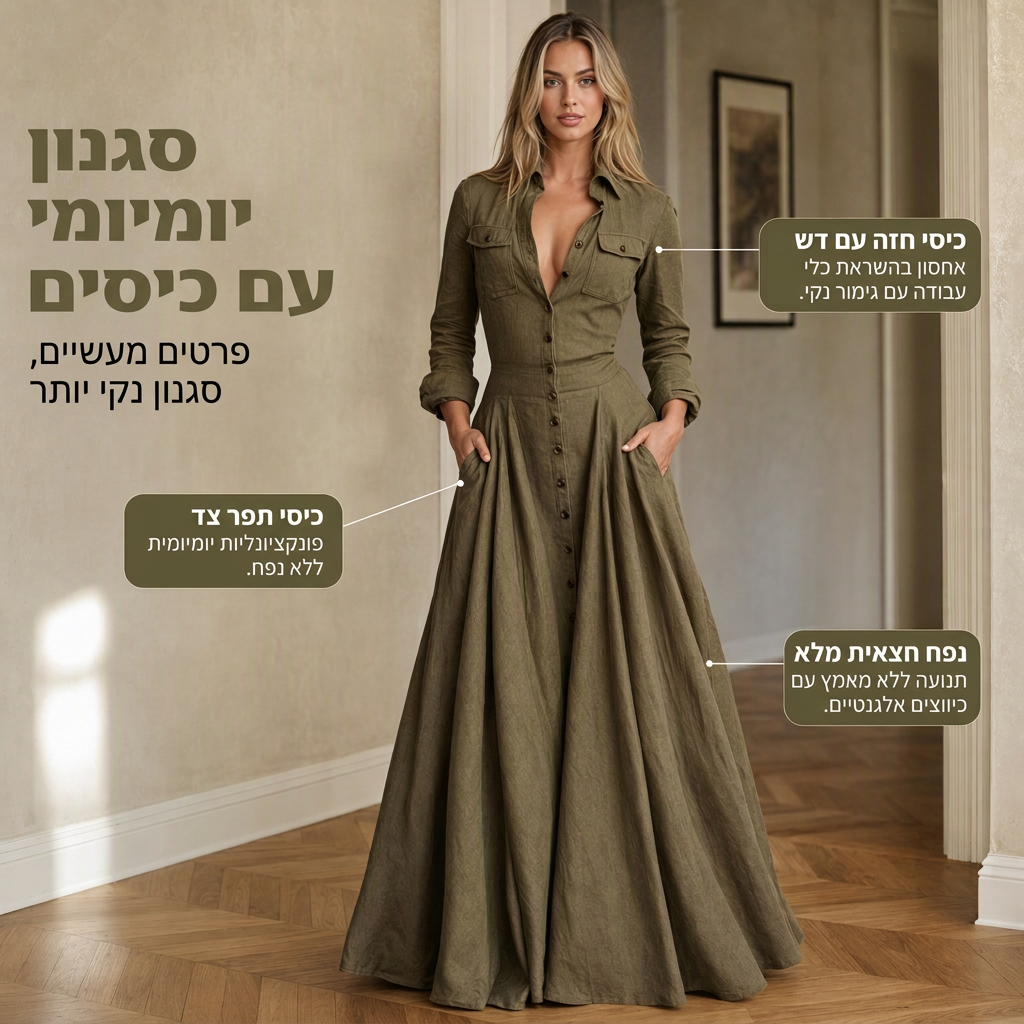 שמלת מקסי לנשים עם דשי צוואר וסגירת כפתורים