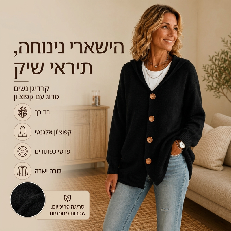 קרדיגן סווטשירט עם כובע קז'ואל לנשים
