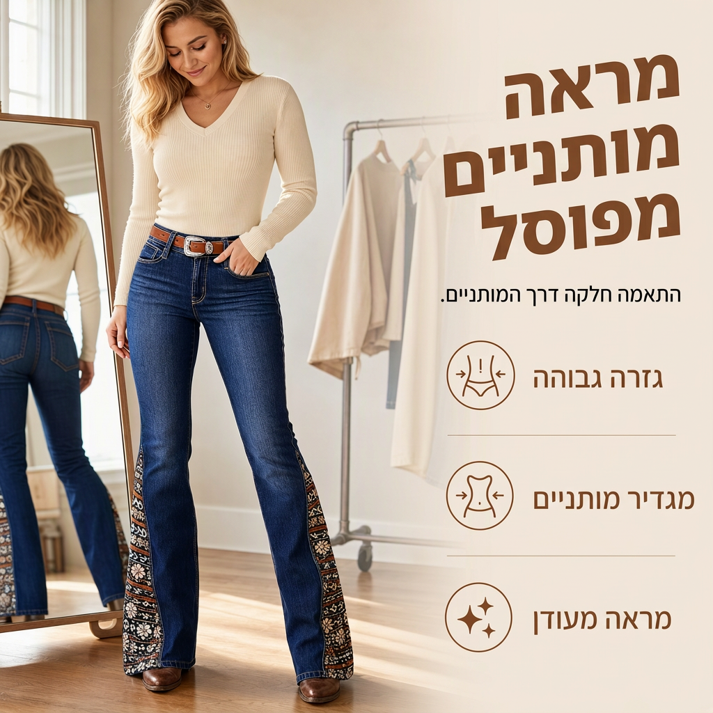 ג'ינס פלארד רטרו לנשים עם הדפס בוהמיי