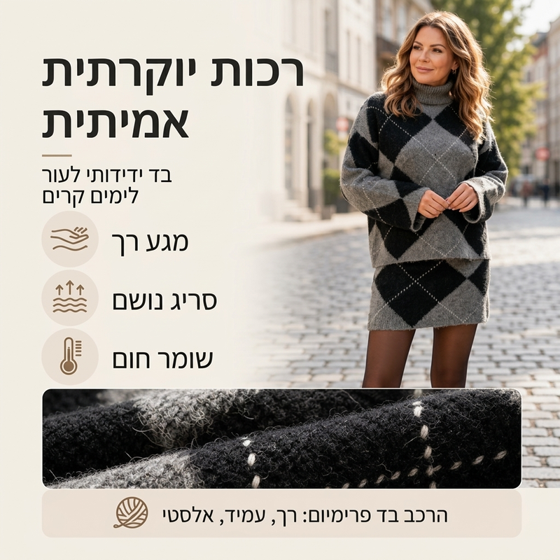 סט סוודר סרוג בדוגמת ארגייל וחצאית לנשים