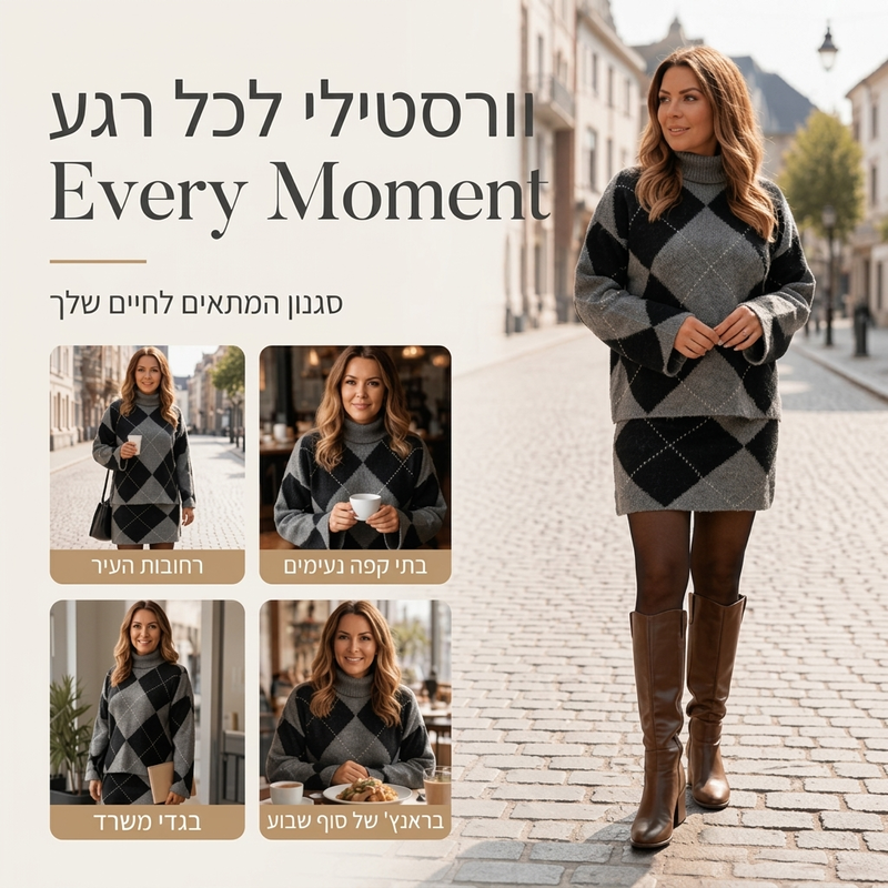 סט סוודר סרוג בדוגמת ארגייל וחצאית לנשים