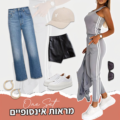 סט קז'ואלי לנשים בן 3 חלקים - מעיל, גופייה ומכנסיים