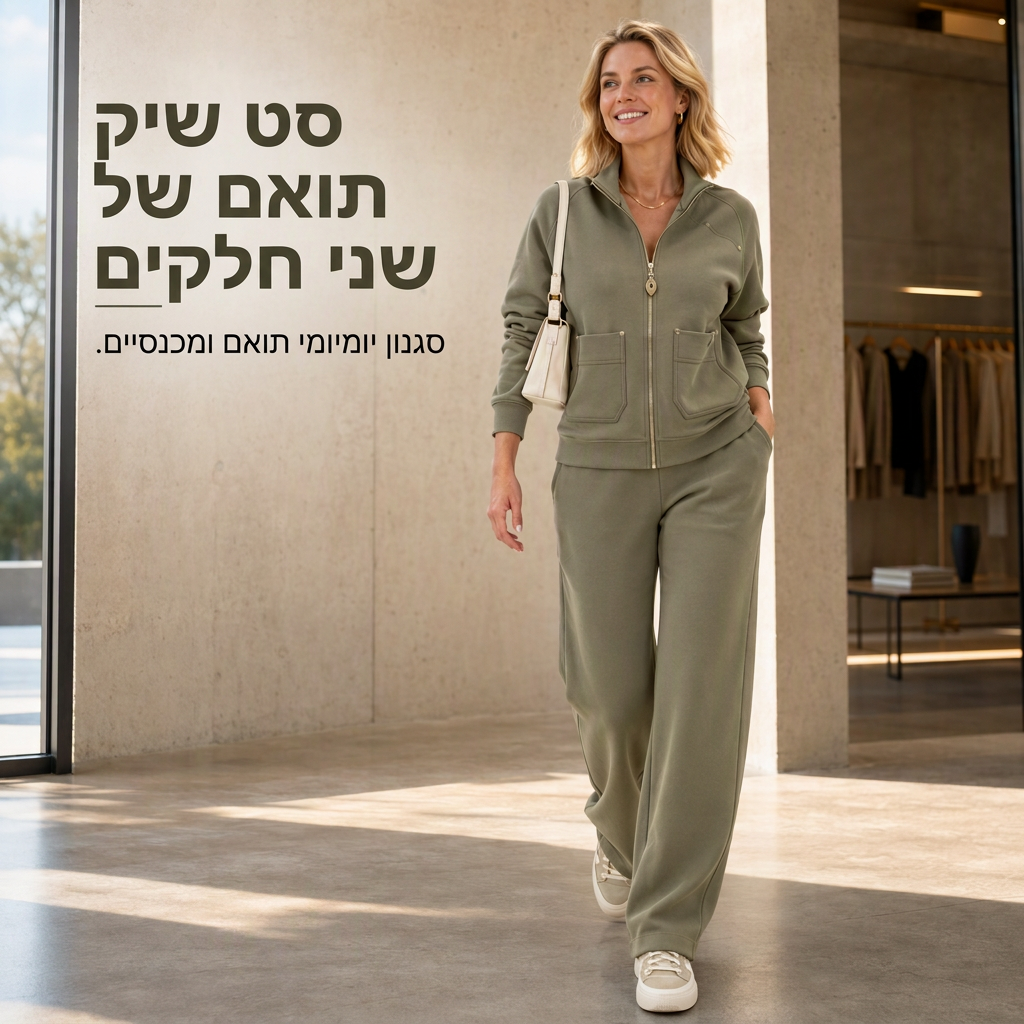 💯 איכות פרימיום | סט שני חלקים לנשים: מעיל רוכסן עבה ומכנסיים רחבים רגליים ⚡משלוח חינם