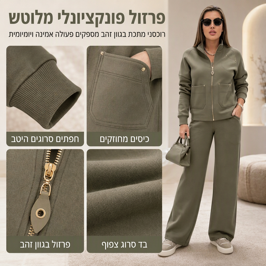 💯 איכות פרימיום | סט שני חלקים לנשים: מעיל רוכסן עבה ומכנסיים רחבים רגליים ⚡משלוח חינם