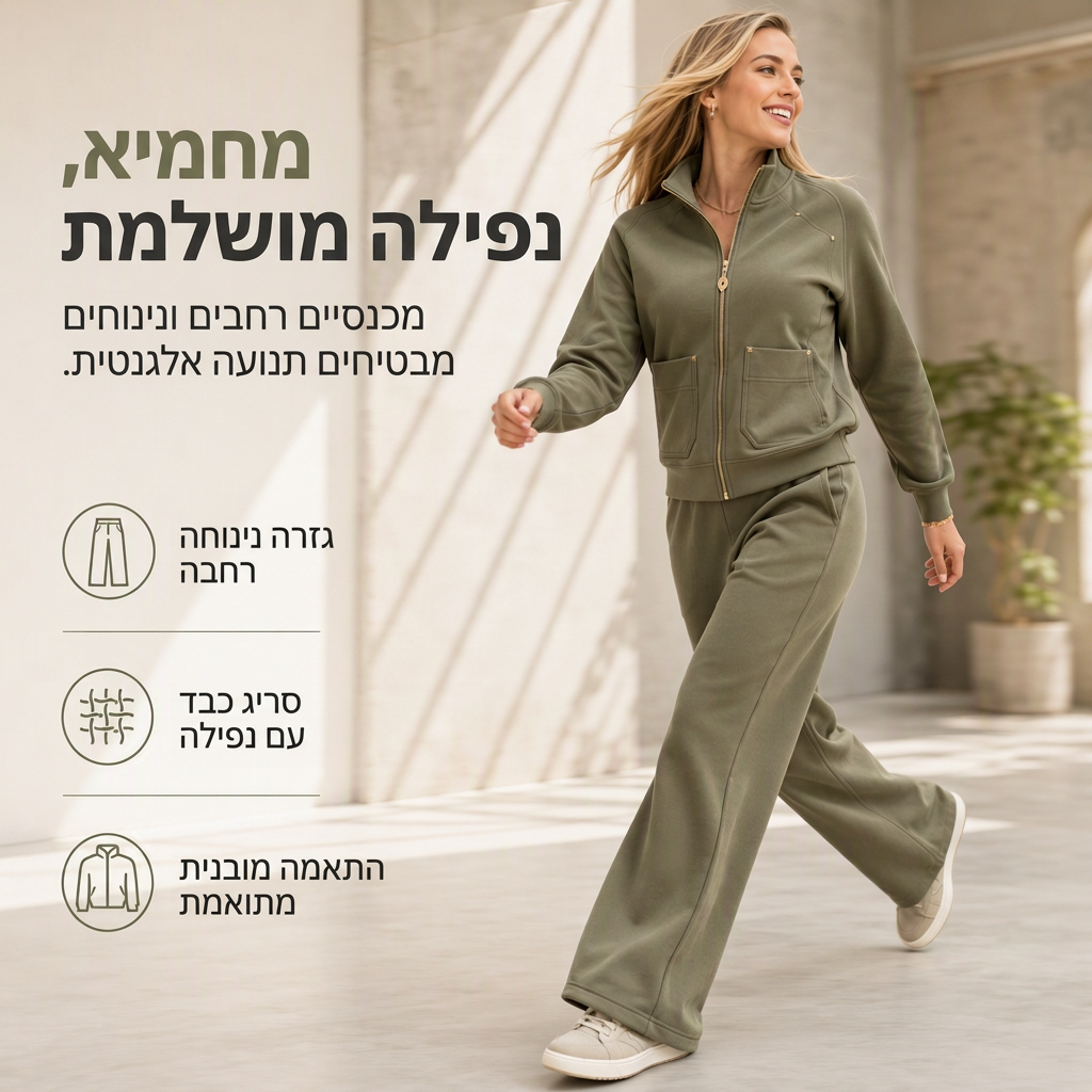 💯 איכות פרימיום | סט שני חלקים לנשים: מעיל רוכסן עבה ומכנסיים רחבים רגליים ⚡משלוח חינם