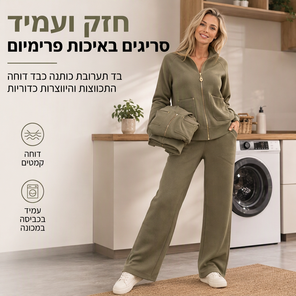 💯 איכות פרימיום | סט שני חלקים לנשים: מעיל רוכסן עבה ומכנסיים רחבים רגליים ⚡משלוח חינם