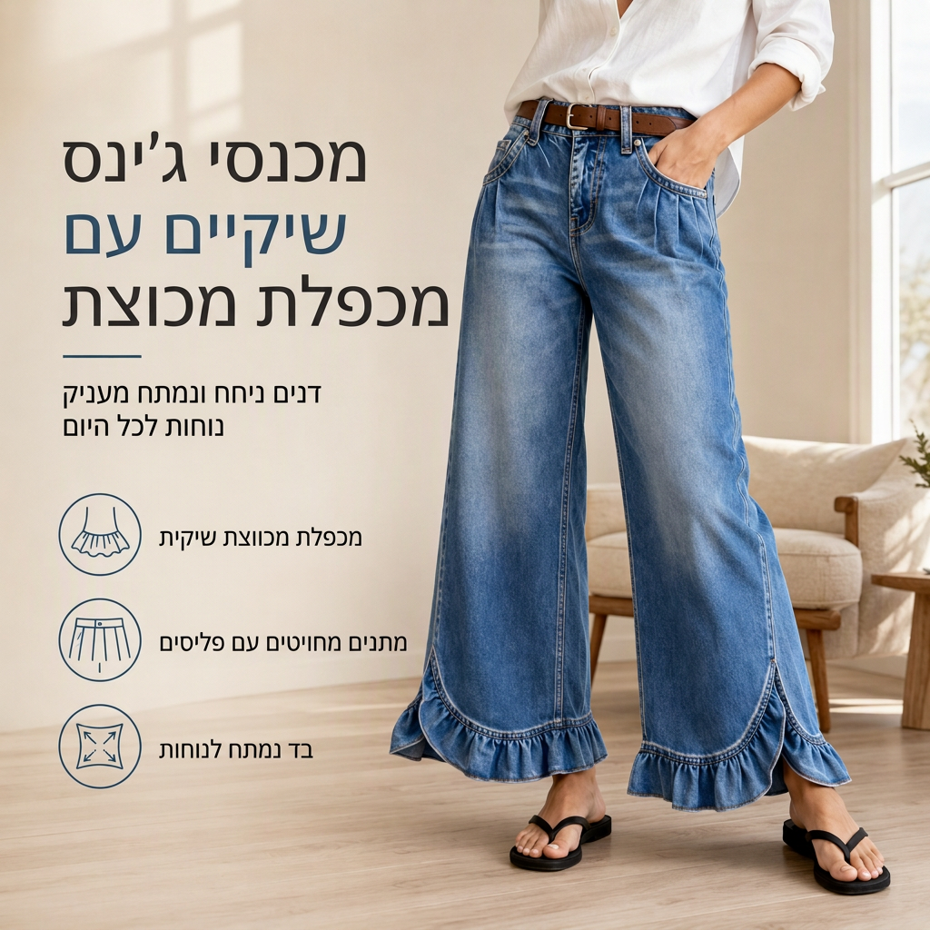 👖 שוליים מקומטים, זרימה מחמיאה | ג'ינסים לנשים עם מותן קפלים ורגליים רחבות