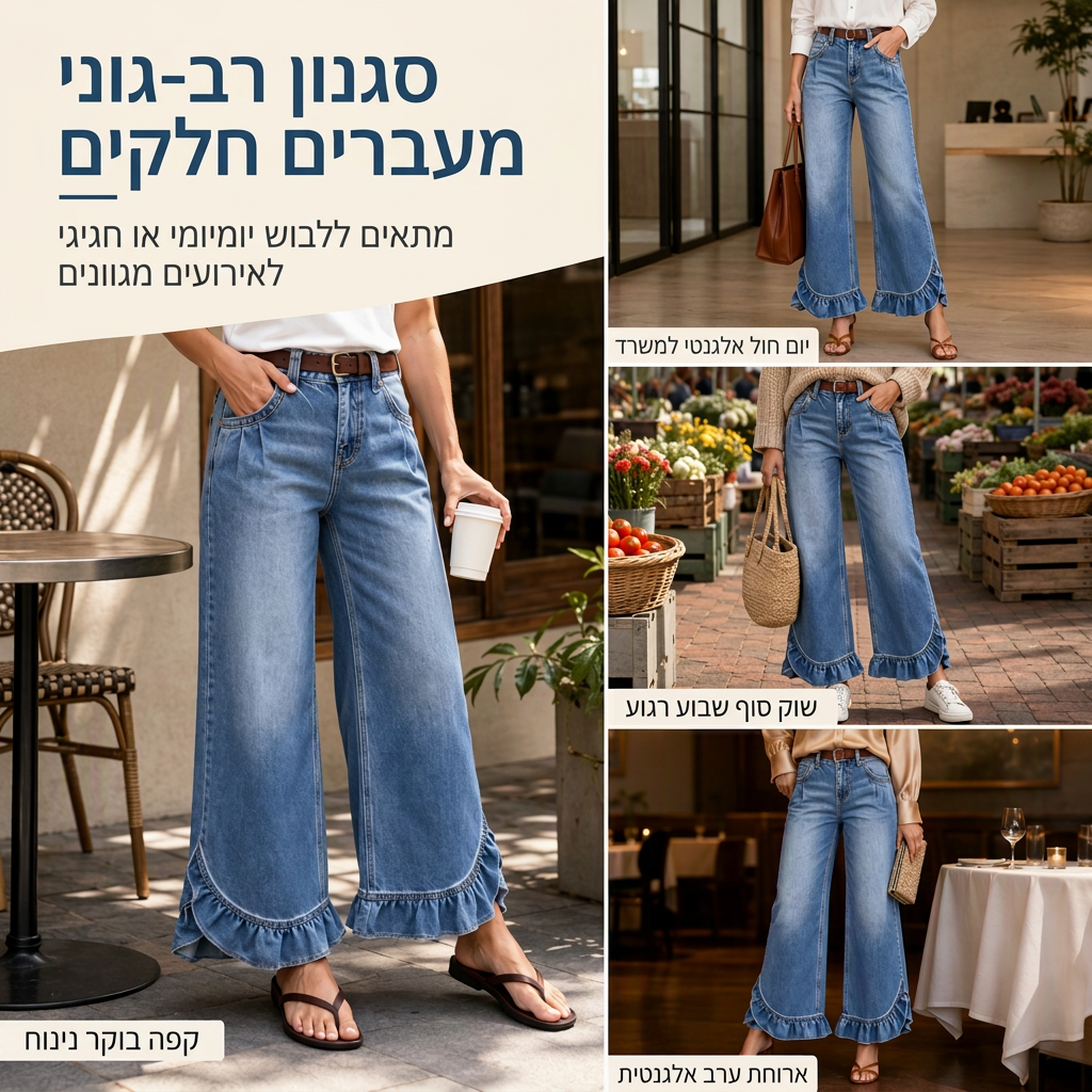 👖 שוליים מקומטים, זרימה מחמיאה | ג'ינסים לנשים עם מותן קפלים ורגליים רחבות