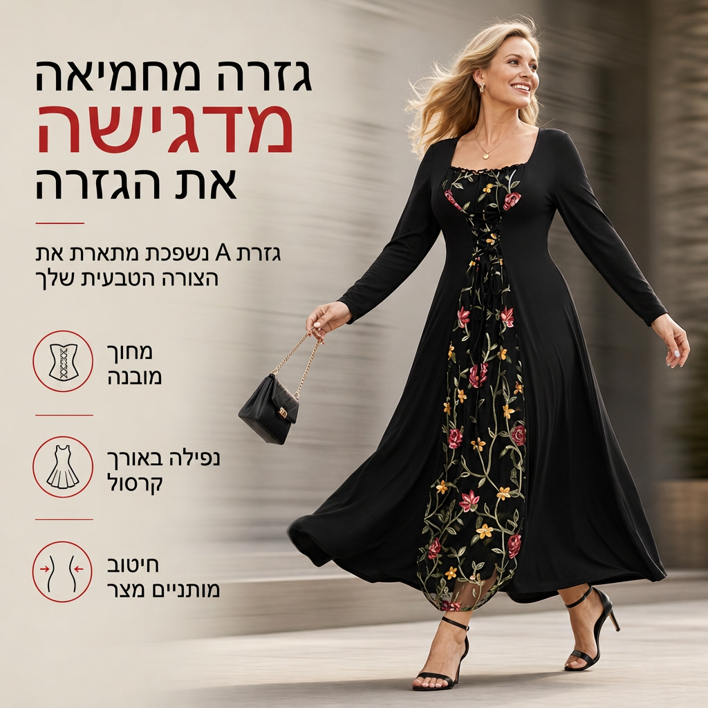 שמלת מקסי שחורה עם שרוולים ארוכים, צוואר מרובע, קורסט עם שרוך ופאנל רשת רקום בפרחים
