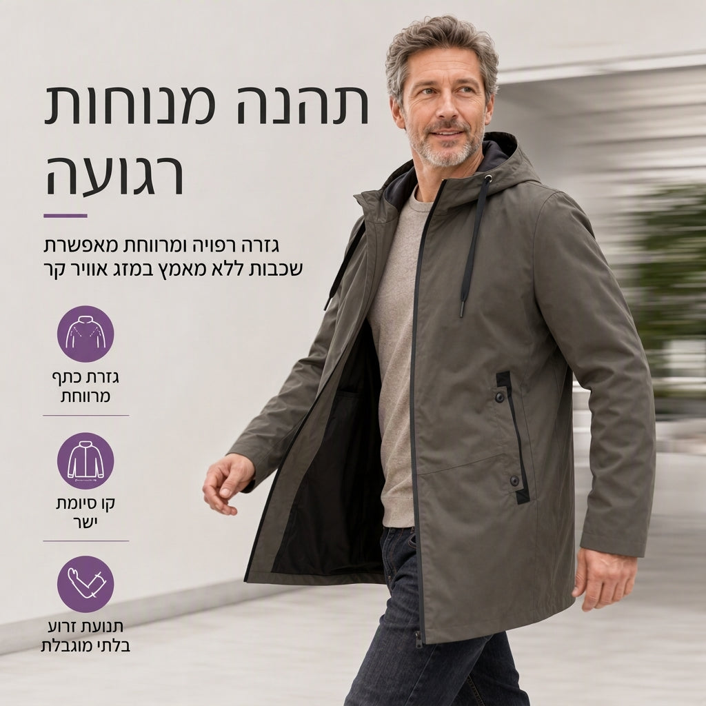 מעיל ווינדברייקר קפוצ'ון לגברים בגזרה דקה