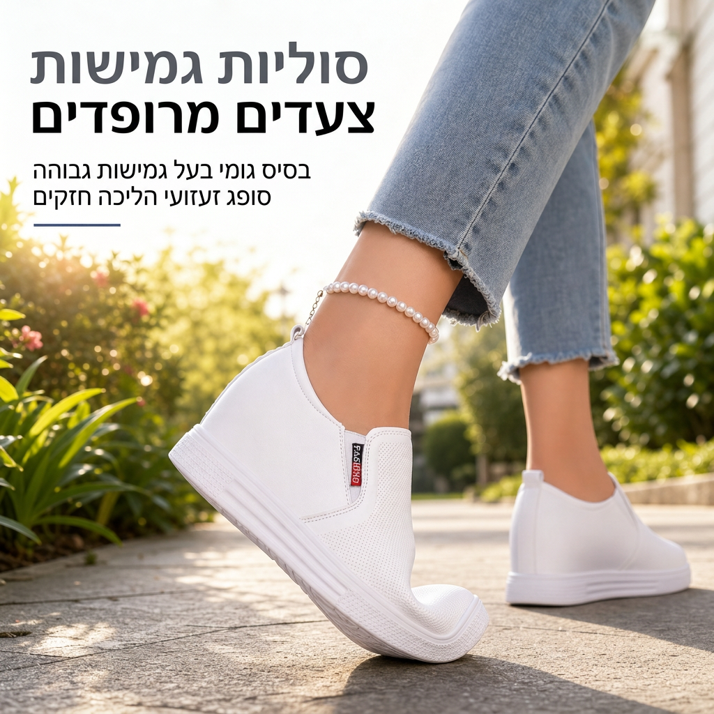 נעלי נשים מעור רך להחלקה עם סוליה שטוחה נגד החלקה ומגביה גובה מוסתר