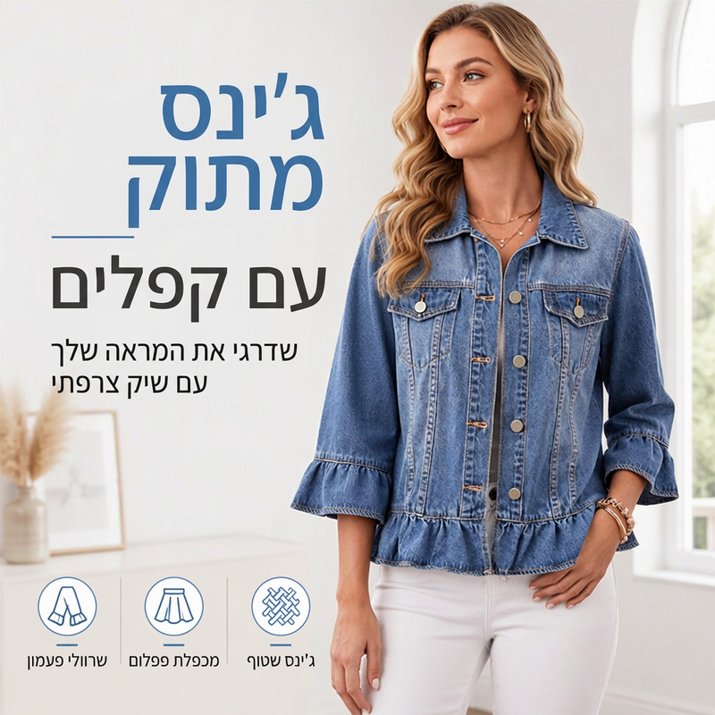מעיל ג'ינס קצר לנשים עם שולי קפלים