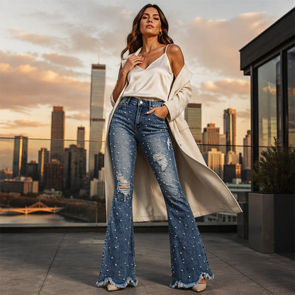 ג'ינס פלר לנשים עם גבול גבוה ועיצוב מרופט